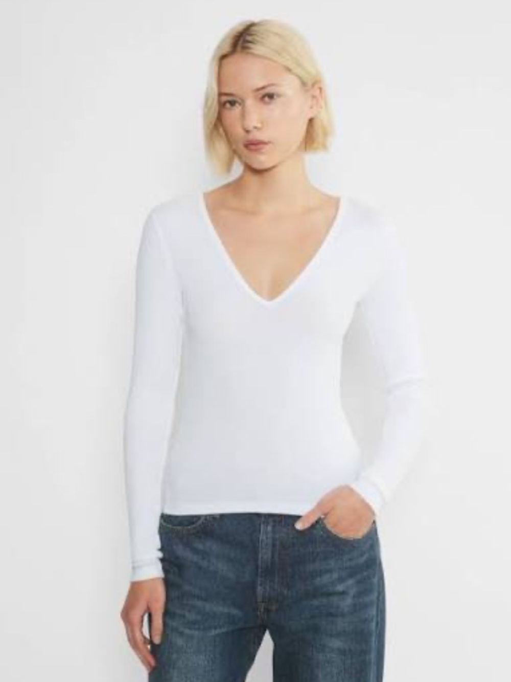 HomeStretch™ Rib V-Neck Longsleeve, White, 2XS